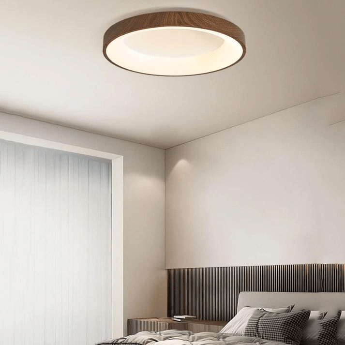 Natural Wooden LED Ceiling Lamp Circular Modern Ceiling Light | Iron Acrylic Design | Flush Mount Bedroom Lighting | Multiple Sizes