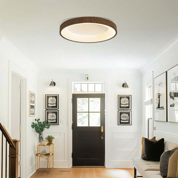 Natural Wooden LED Ceiling Lamp Circular Modern Ceiling Light | Iron Acrylic Design | Flush Mount Bedroom Lighting | Multiple Sizes