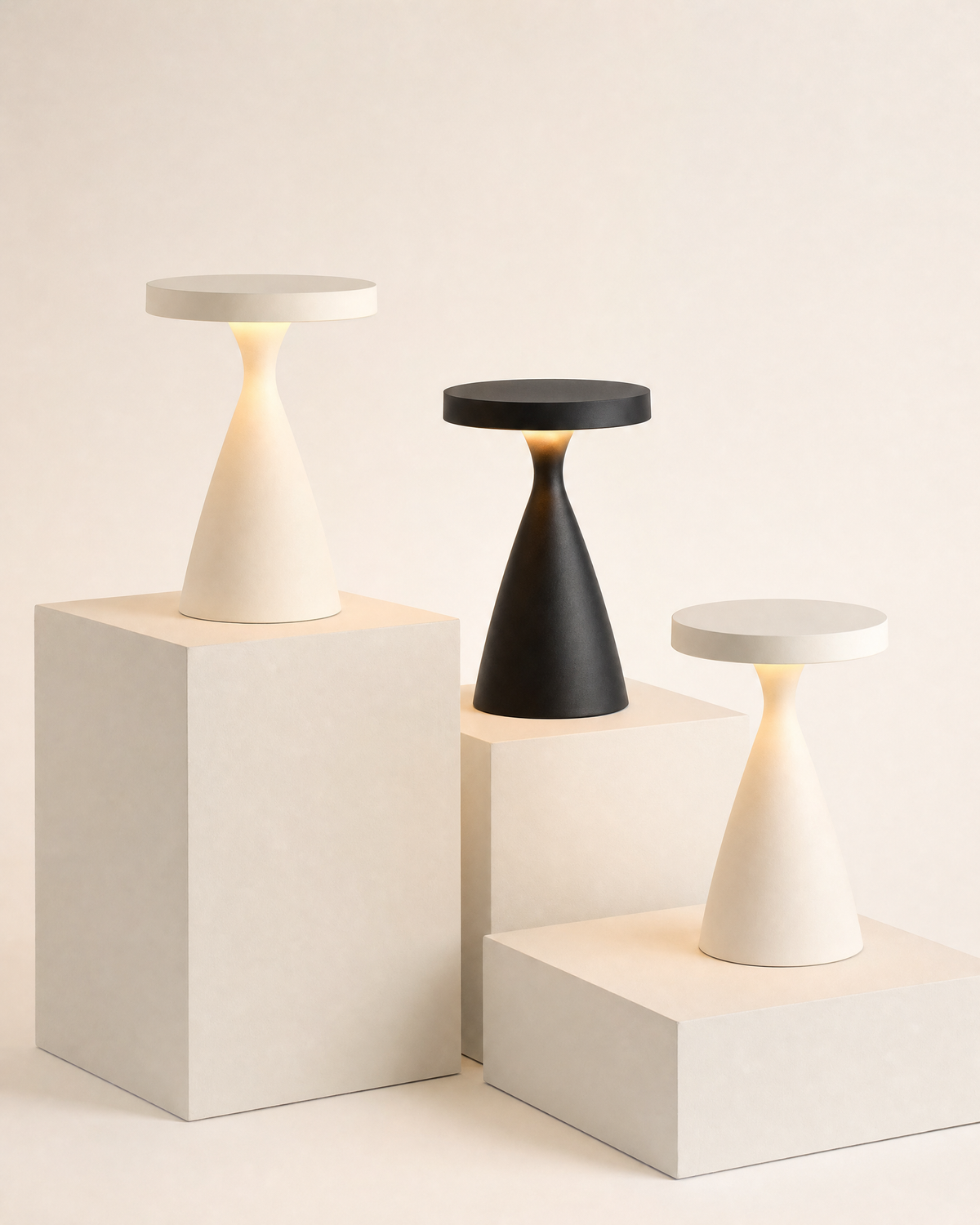 Three cordless hourglass table lamps in cream and black on stepped plinths