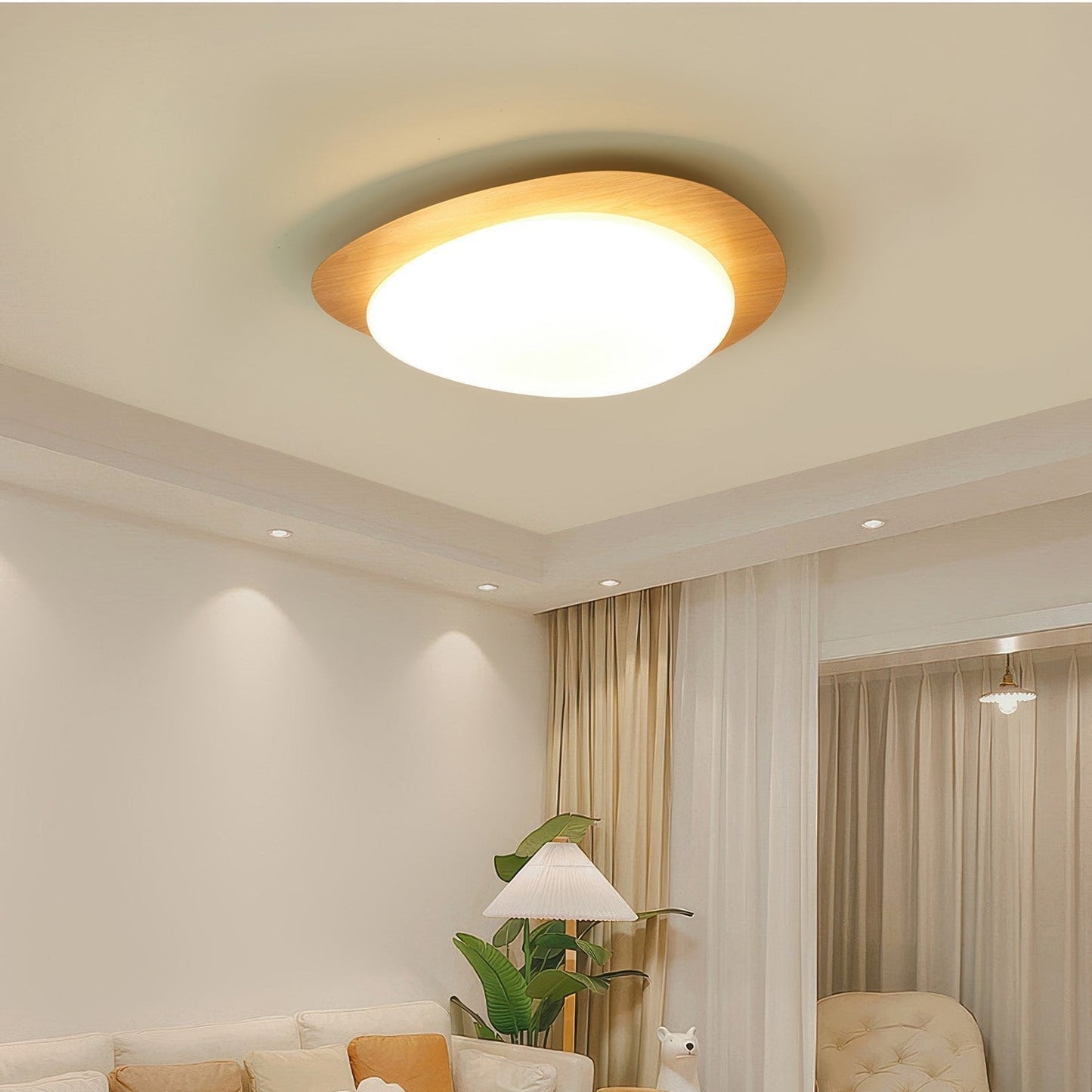 Scandinavian Wood Grain LED Ceiling Lamp | Pebble Texture Flush Mount Light | Warm Non-Glare Lighting | 30–58cm