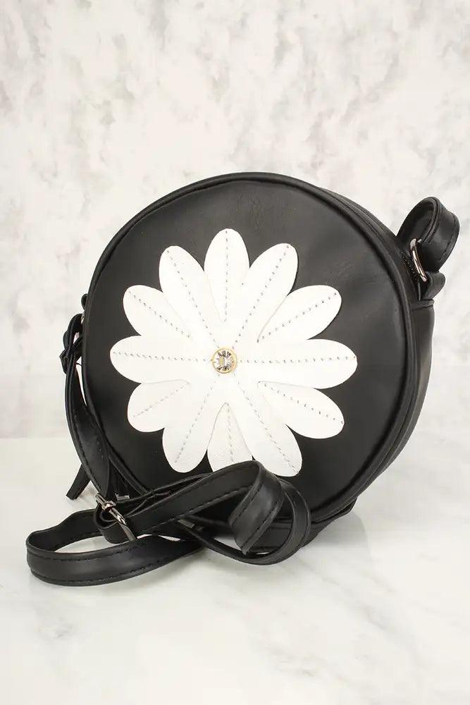 Sexy Black Flower Patch Distressed Faux Leather Circle Crossbody Bag