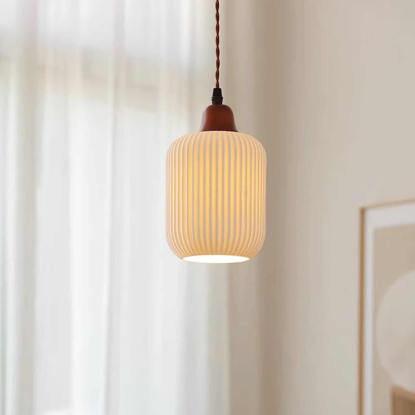 Ceramic Pendant Light for Dining Room & Bedroom | Scandinavian Oak Design | E26/E27 Socket | Rustic Minimalist Hanging Lamp