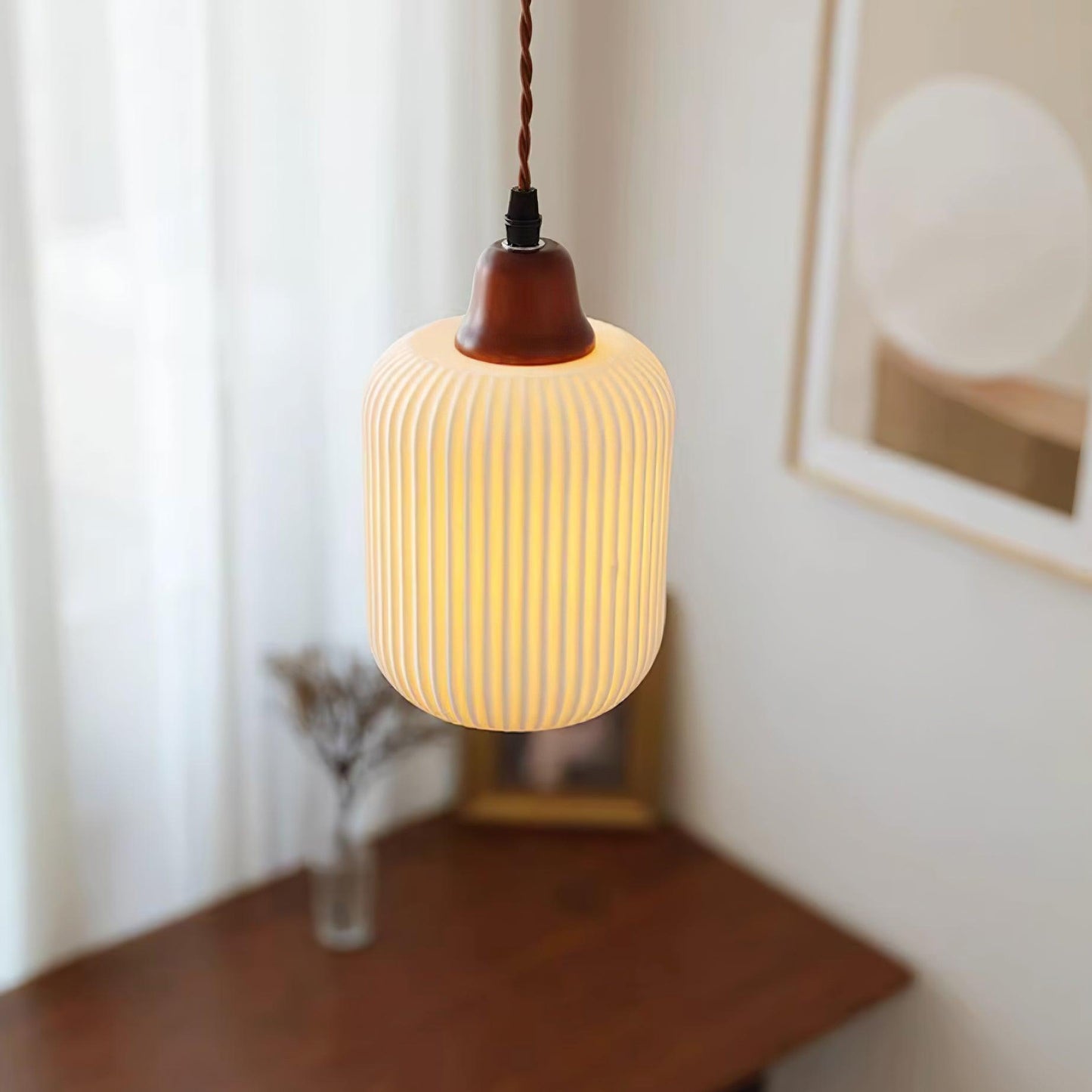 Ceramic Pendant Light for Dining Room & Bedroom | Scandinavian Oak Design | E26/E27 Socket | Rustic Minimalist Hanging Lamp
