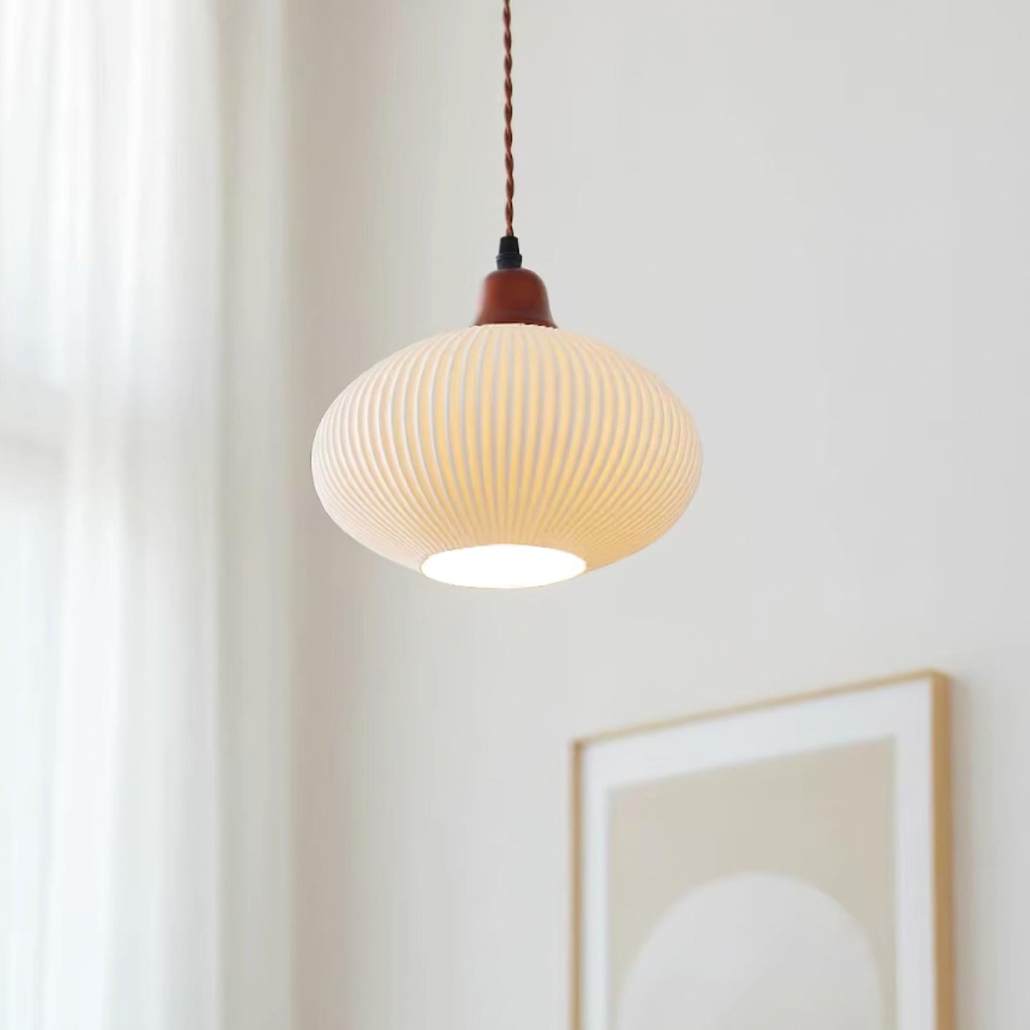 Ceramic Pendant Light for Dining Room & Bedroom | Scandinavian Oak Design | E26/E27 Socket | Rustic Minimalist Hanging Lamp