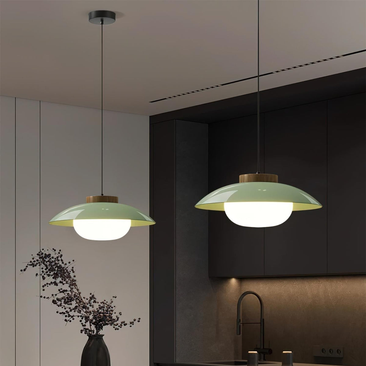 Scandinavian Pendant Lamp for Kitchen & Dining | Dish-Shaped Minimalist Light | Wood Accent Design | E27 Socket | 28cm