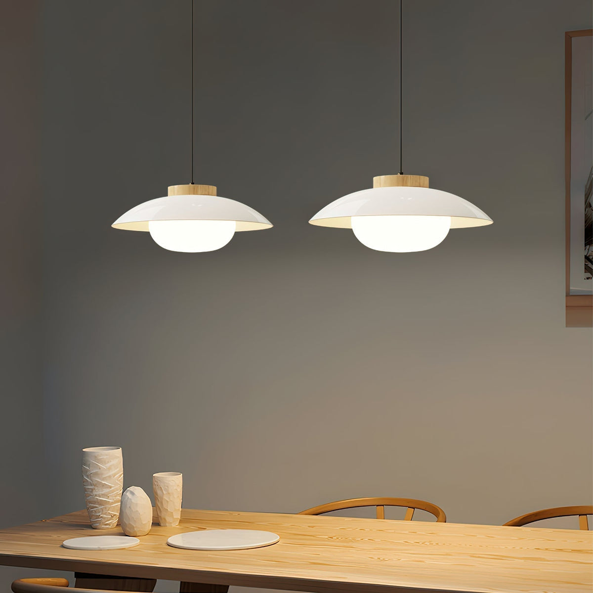 Scandinavian Pendant Lamp for Kitchen & Dining | Dish-Shaped Minimalist Light | Wood Accent Design | E27 Socket | 28cm