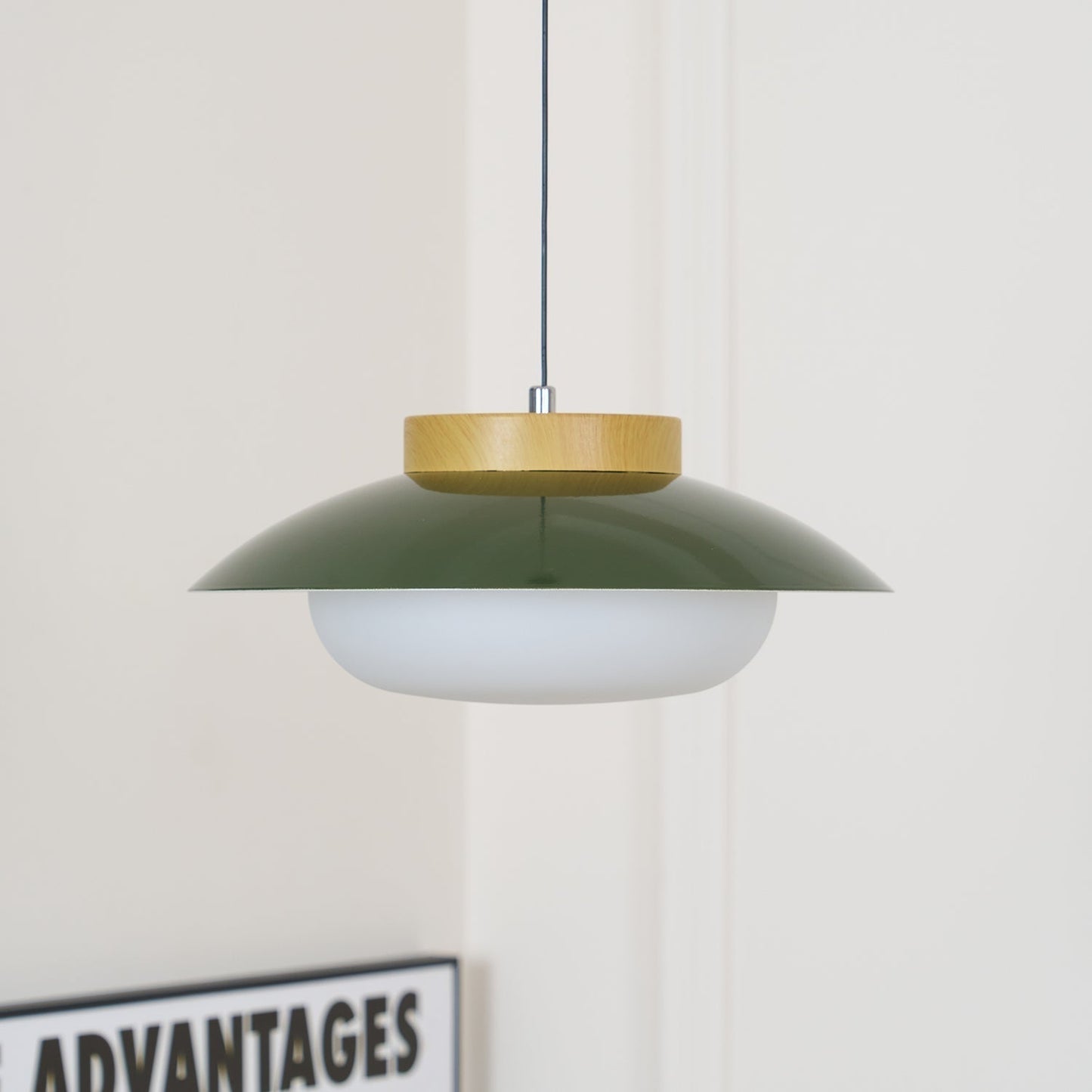 Scandinavian Pendant Lamp for Kitchen & Dining | Dish-Shaped Minimalist Light | Wood Accent Design | E27 Socket | 28cm