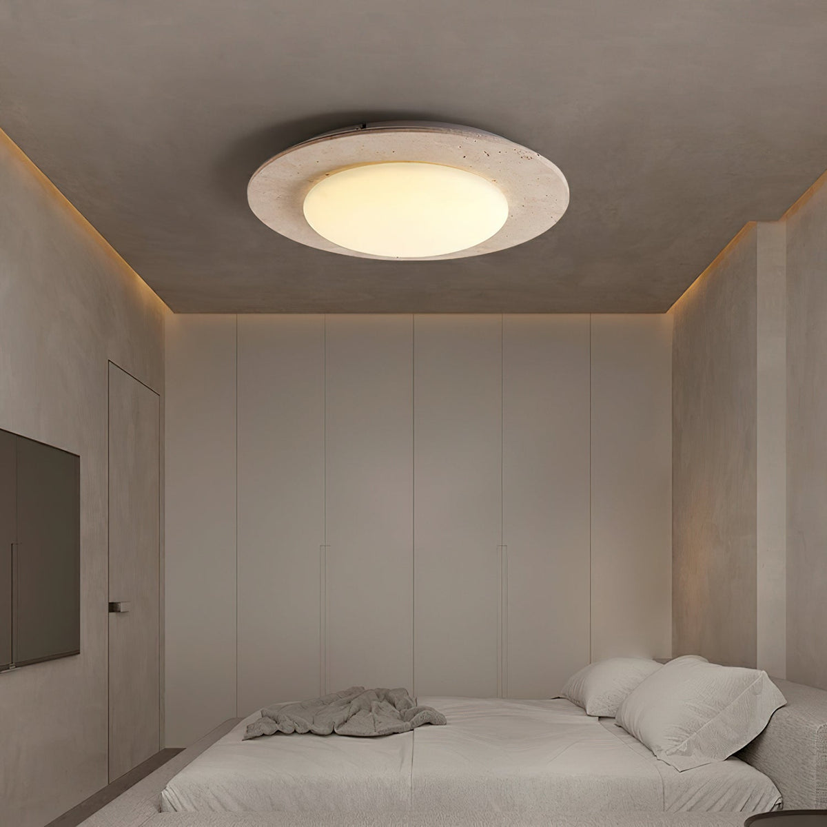 Dome Ceiling Lamp for Living Room & Bedroom | Travertine Wood LED Light | 3 Color Temperature | 30cm Flush Mount