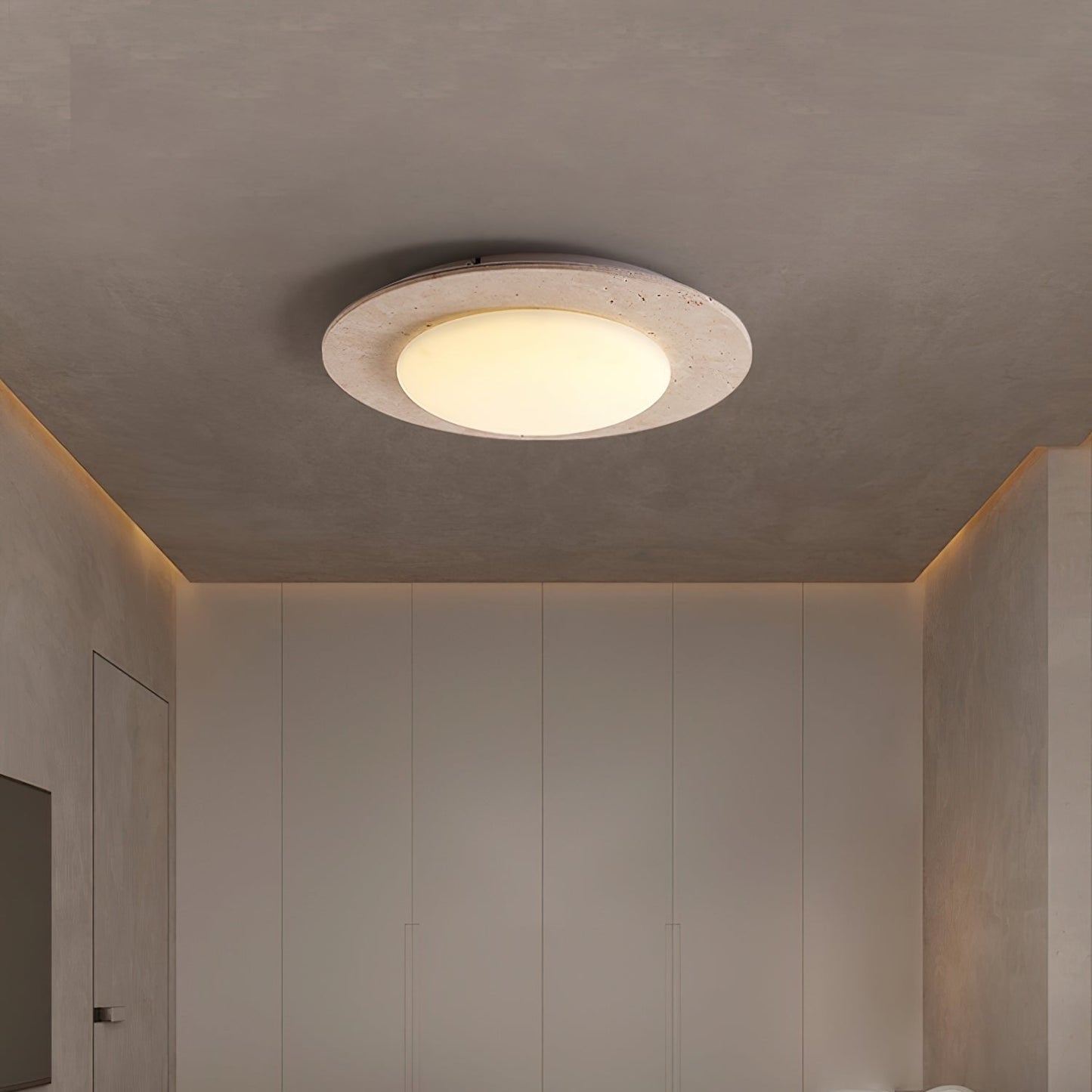 Dome Ceiling Lamp for Living Room & Bedroom | Travertine Wood LED Light | 3 Color Temperature | 30cm Flush Mount