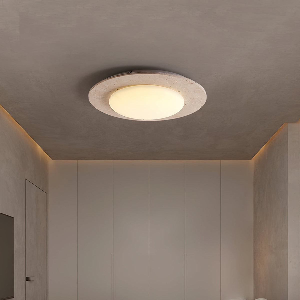 Dome Ceiling Lamp for Living Room & Bedroom | Travertine Wood LED Light | 3 Color Temperature | 30cm Flush Mount