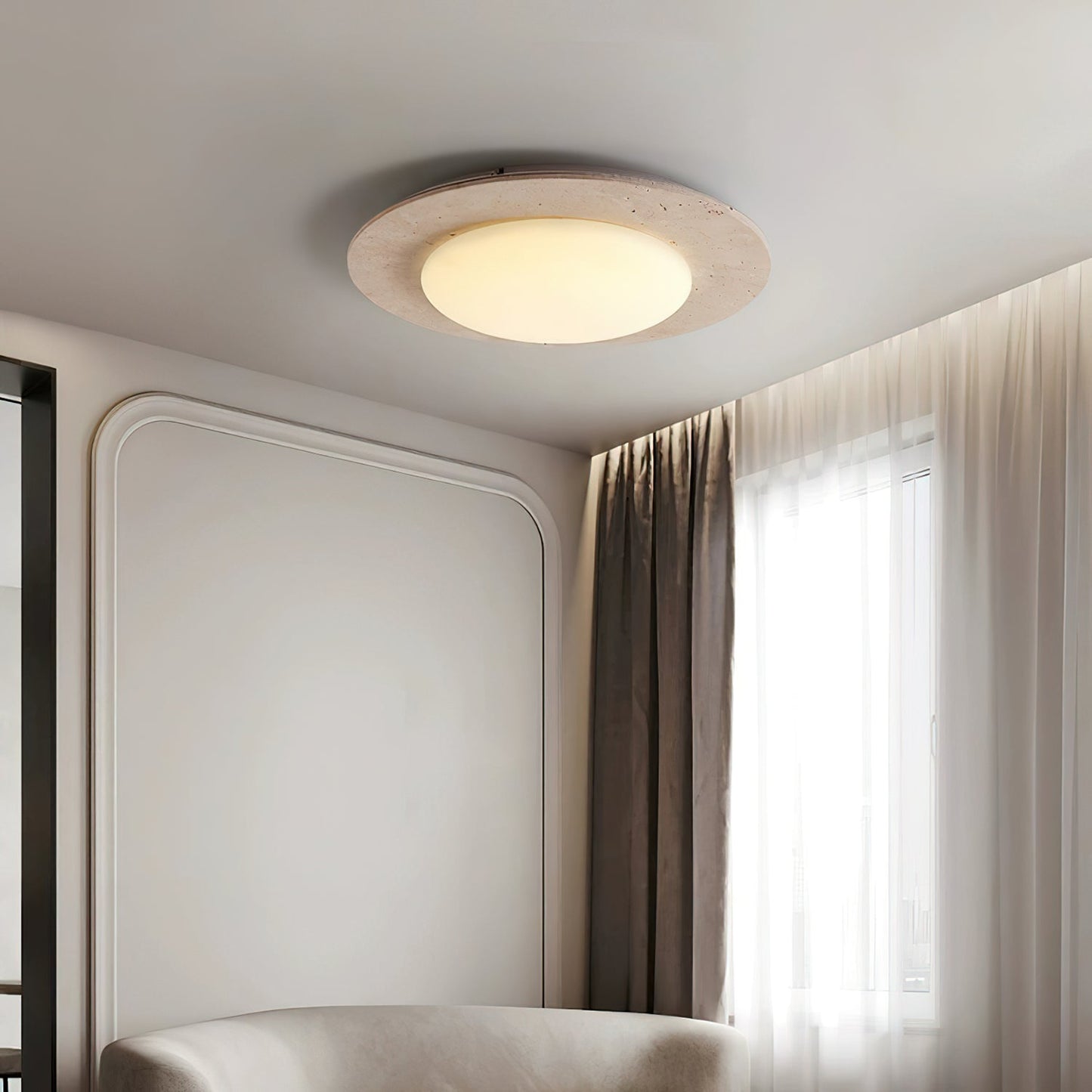 Dome Ceiling Lamp for Living Room & Bedroom | Travertine Wood LED Light | 3 Color Temperature | 30cm Flush Mount