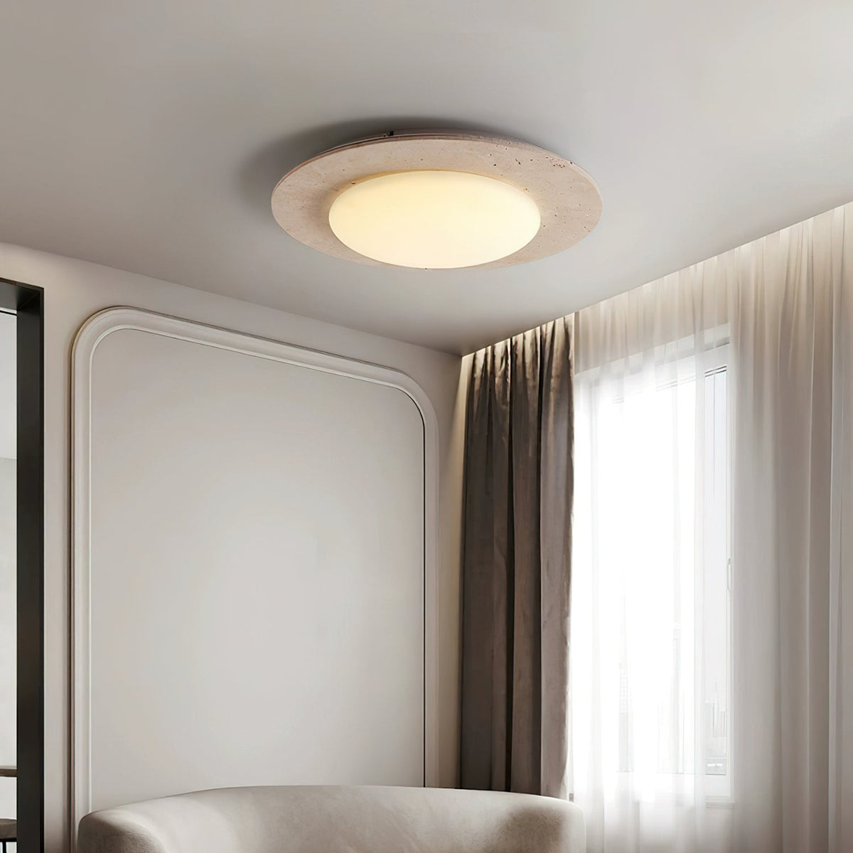 Dome Ceiling Lamp for Living Room & Bedroom | Travertine Wood LED Light | 3 Color Temperature | 30cm Flush Mount