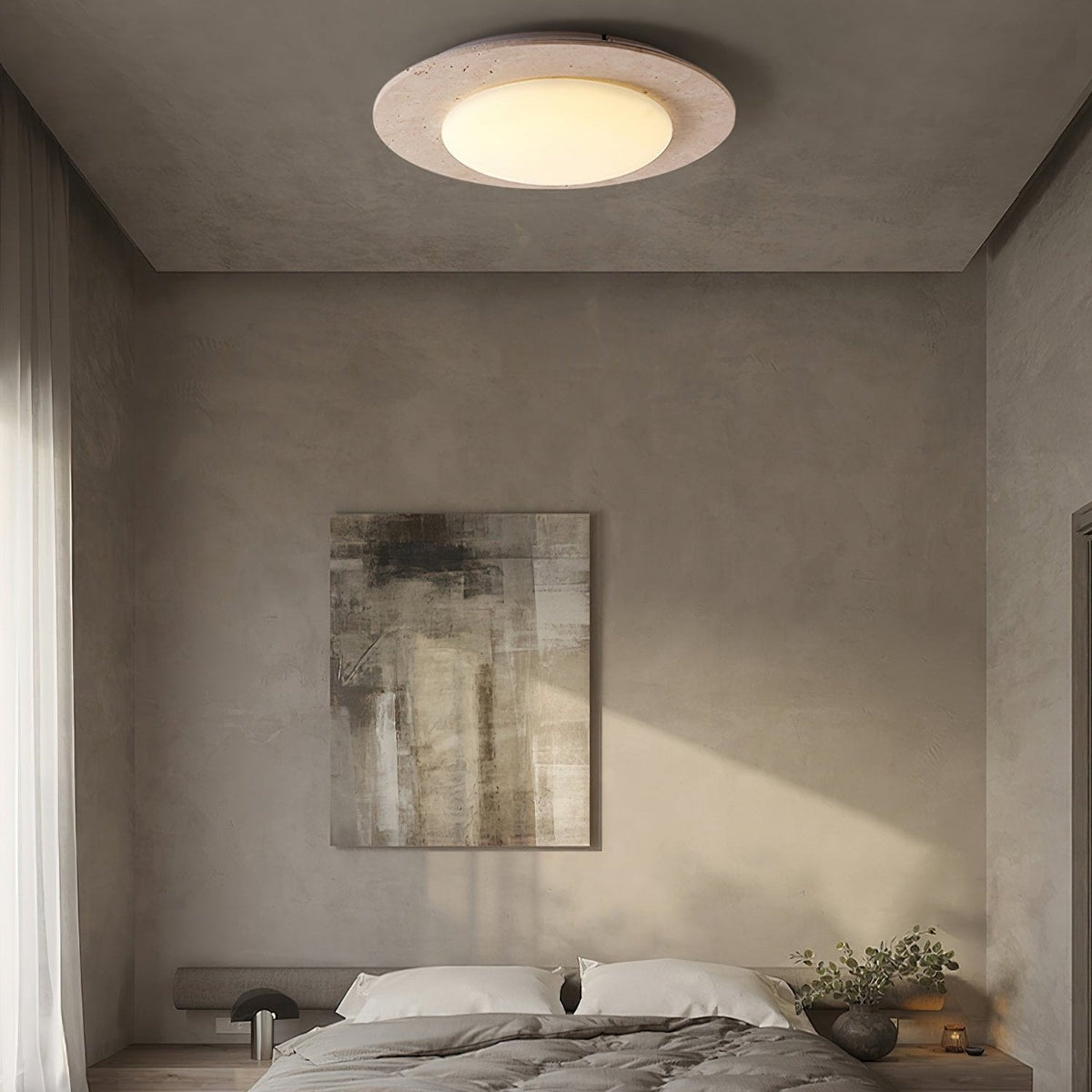 Dome Ceiling Lamp for Living Room & Bedroom | Travertine Wood LED Light | 3 Color Temperature | 30cm Flush Mount