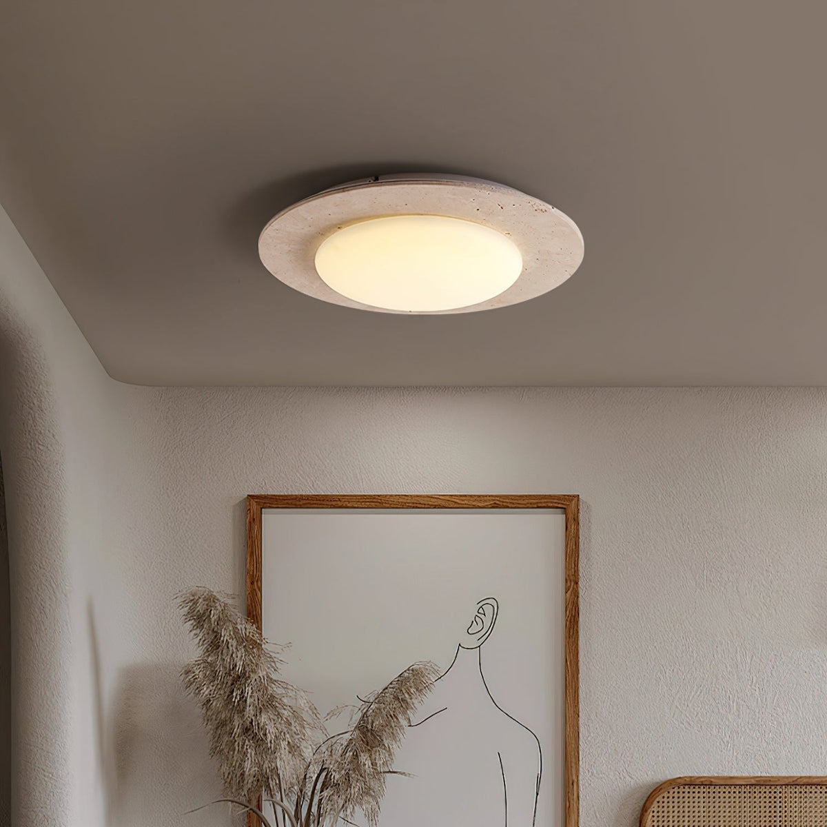 Dome Ceiling Lamp for Living Room & Bedroom | Travertine Wood LED Light | 3 Color Temperature | 30cm Flush Mount