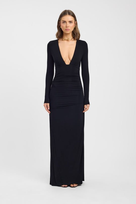 Women | Maxi Dress | Deep Neckline | Long Sleeves | Pleated Waist Detail | Side Slit | Elegant