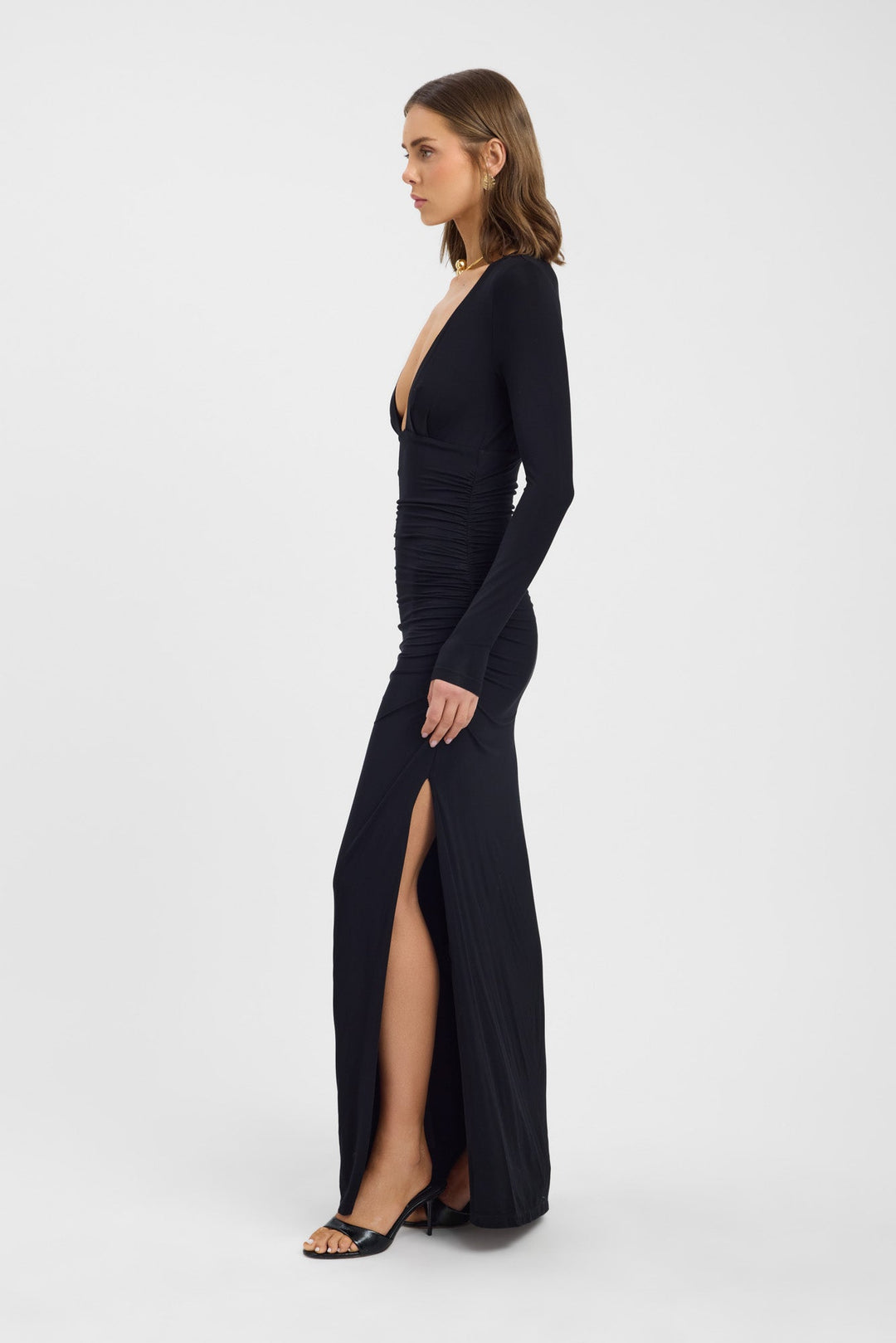 Women | Maxi Dress | Deep Neckline | Long Sleeves | Pleated Waist Detail | Side Slit | Elegant