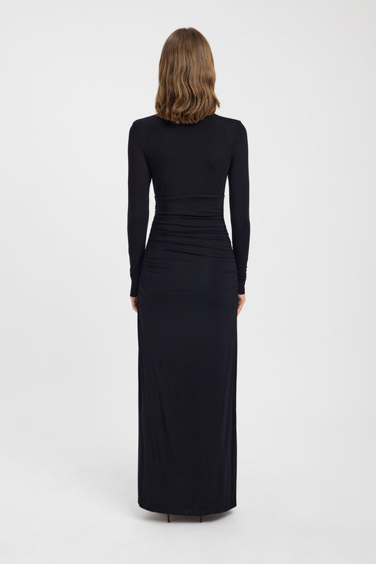 Women | Maxi Dress | Deep Neckline | Long Sleeves | Pleated Waist Detail | Side Slit | Elegant