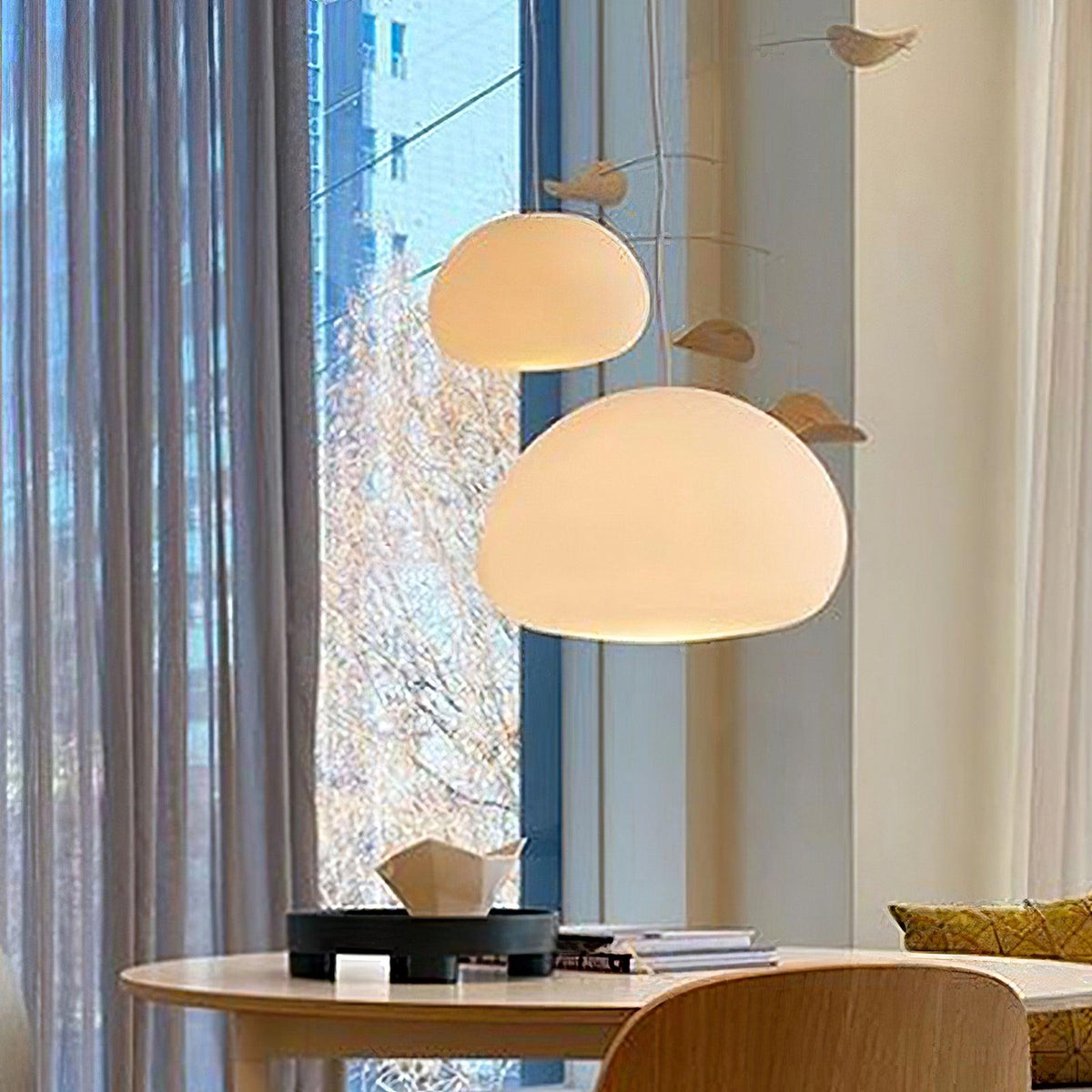 Steamed Bun Hanging Pendant Lamp Glass Ceiling Light | E26/E27 Socket | Adjustable Cable | Warm Ambient LED Lighting