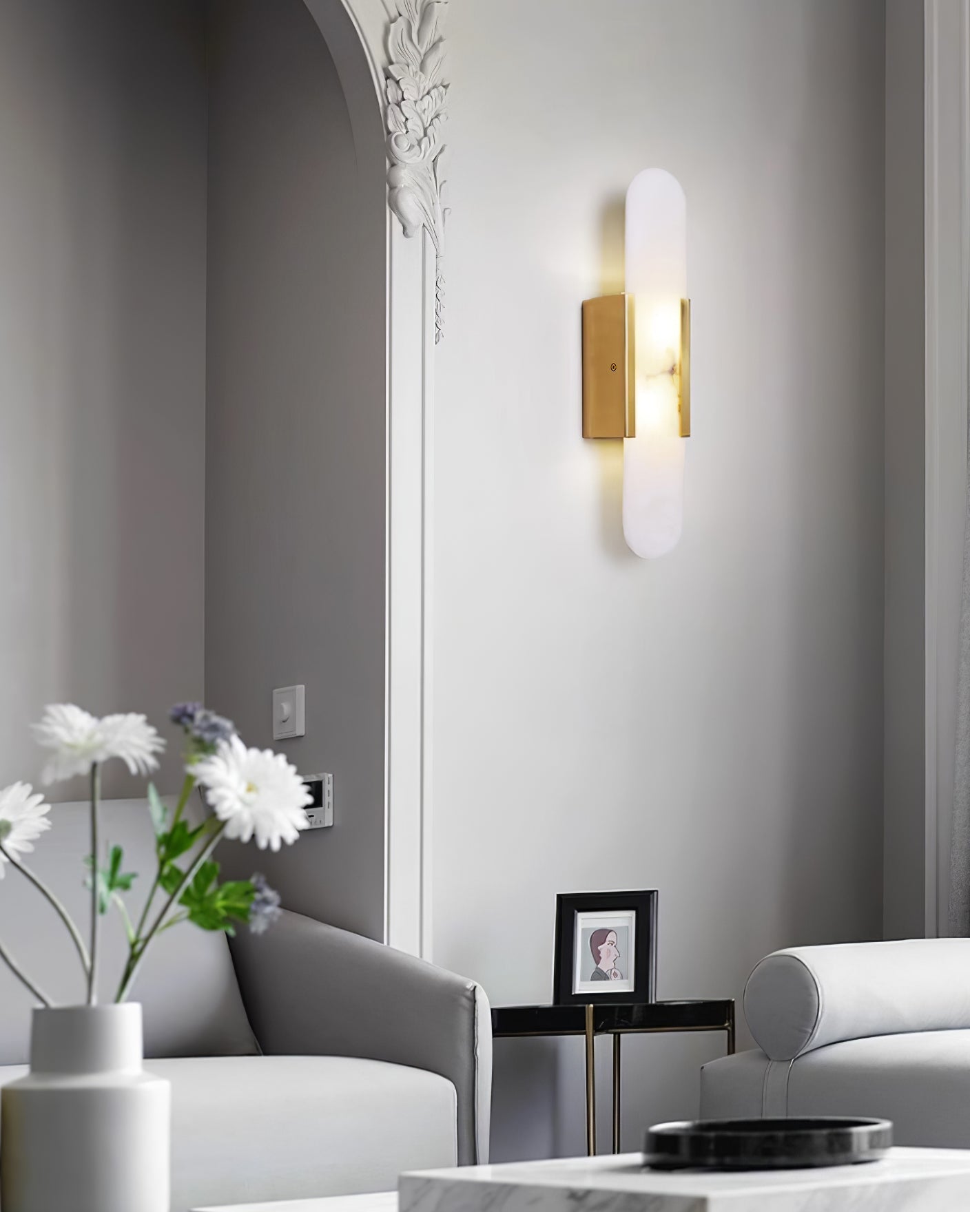 Elongated Alabaster Wall Lamp | Melange Brass & Stone Wall Light | G4 LED/Edison Fixture | Minimalist Luxury Lighting