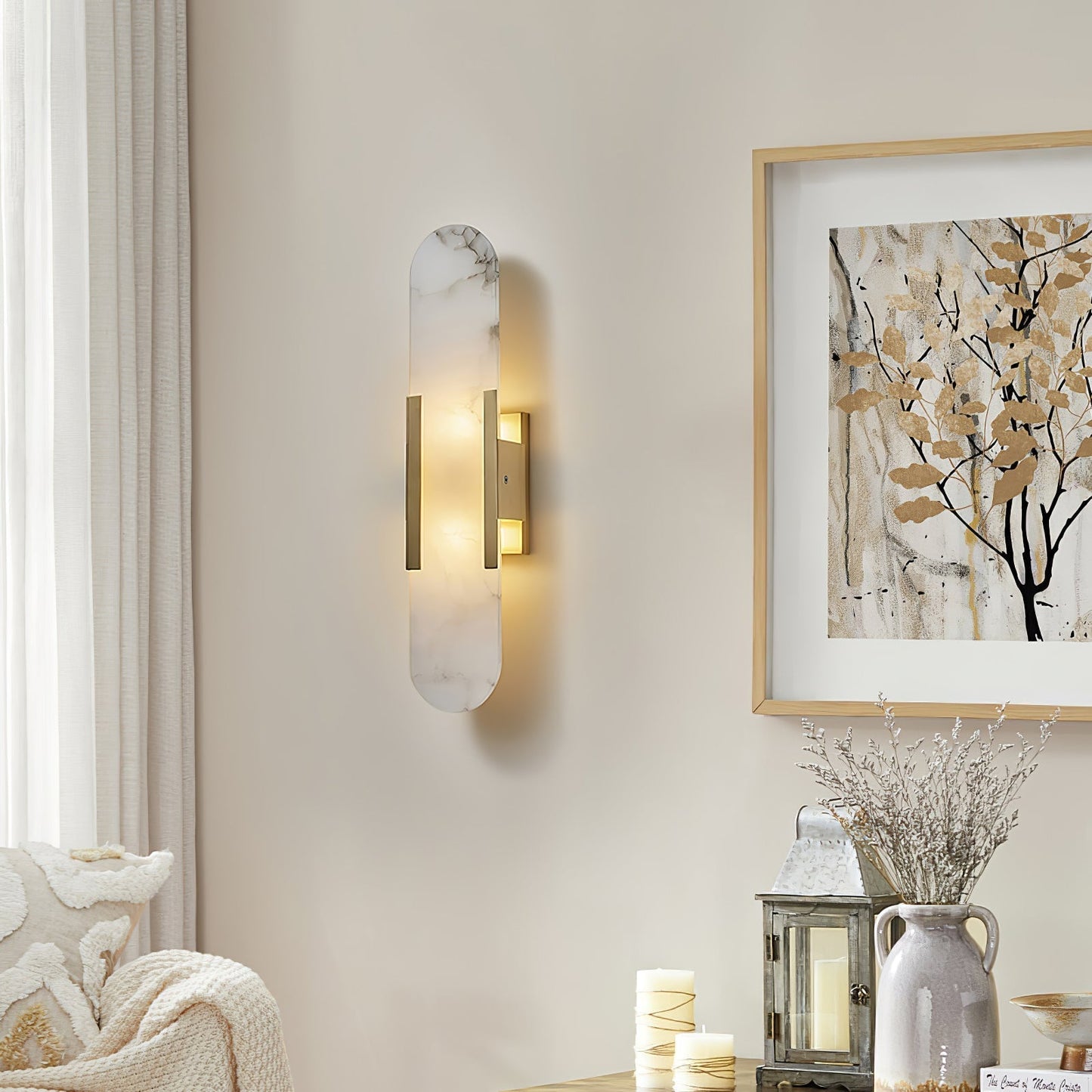Elongated Alabaster Wall Lamp | Melange Brass & Stone Wall Light | G4 LED/Edison Fixture | Minimalist Luxury Lighting