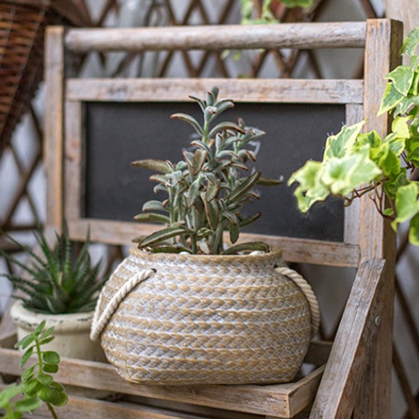 Rustic Ceramic Plant Pot Terrana Jute | Hemp Bag Design with Rope Handles | Indoor Outdoor Decorative Accent | Garden Living Room